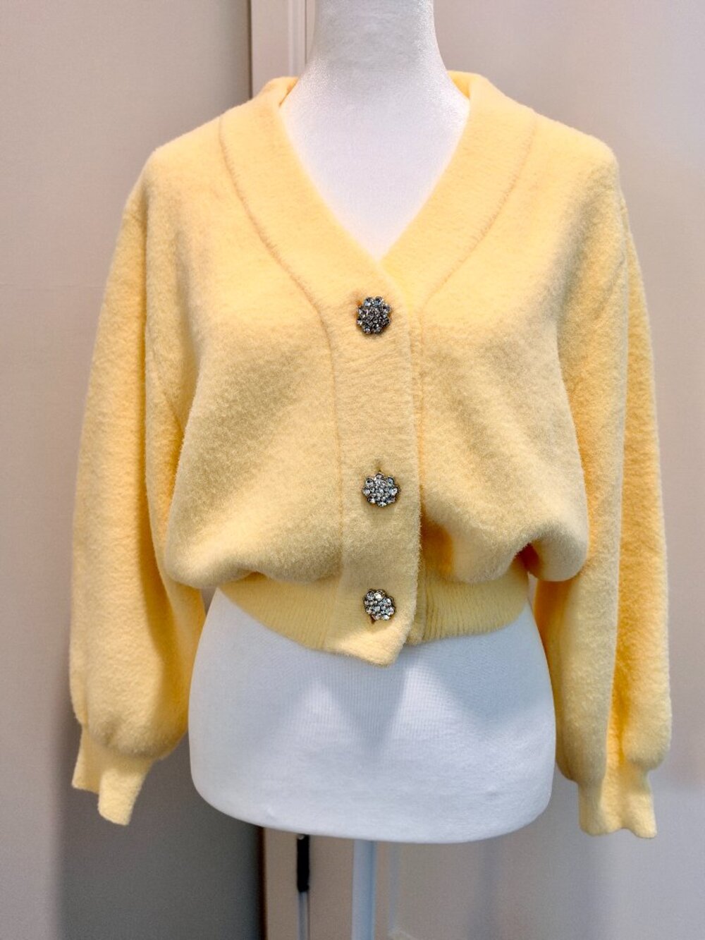 Zara Butter Yellow Cropped Cardigan with Jeweled Buttons – S